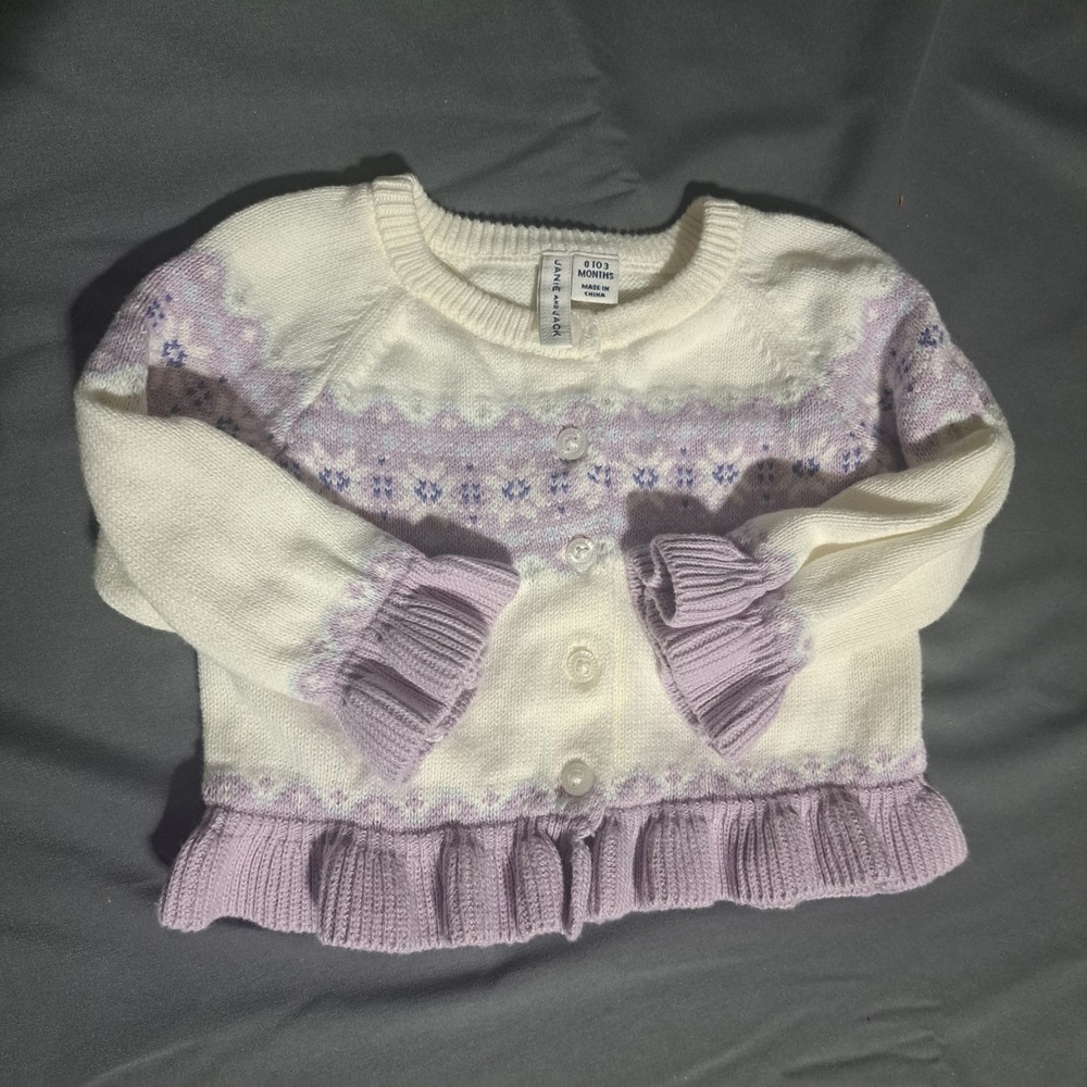 Janie and Jack Baby Girls Fair Isle Ruffle Knit Cardigan Sweater Purple 0-3M